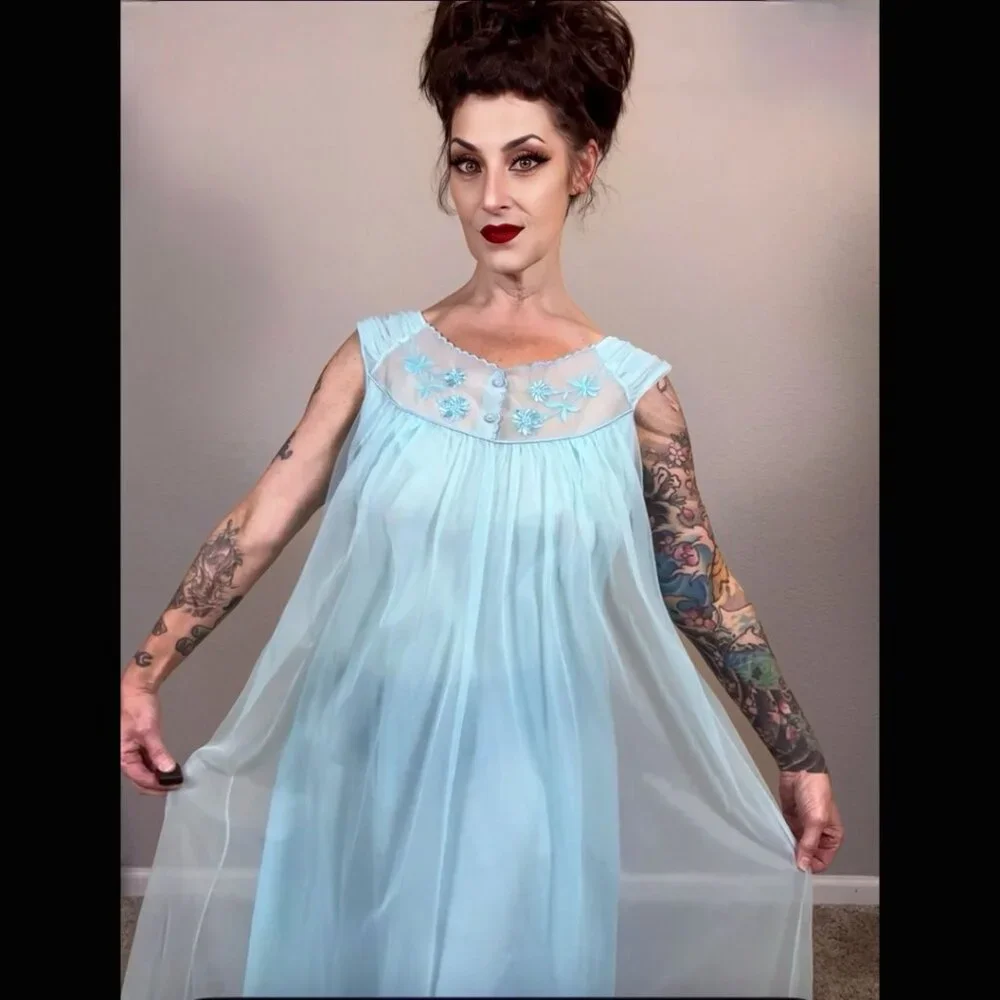 60s Bright Blue Babydoll Double Layer Lingerie Embroidered Floral Mod Pinup M L - Picture 6 of 15